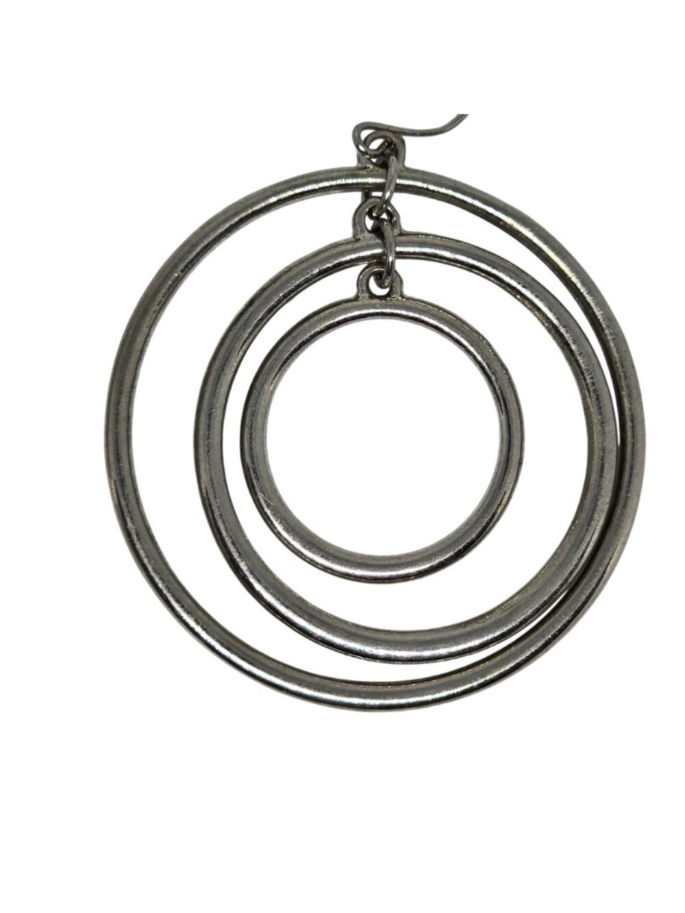 Vintage Silver Tone Triple Circle Hoop Dangle Earrings Rhinestone Accents - Picture 3 of 8